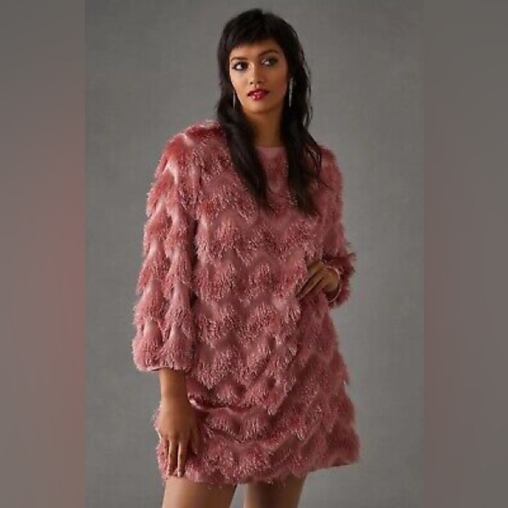 Hutch x Anthropologie Pink Fringed Shift Mini Gatsby 40’s Dress Gown sz XS